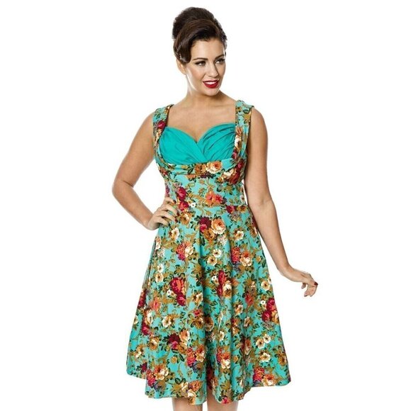 Lindy Bop Ophelia Retro Pin Up Turquoise Floral Fit and Flare Swing Dress Medium - Picture 1 of 9